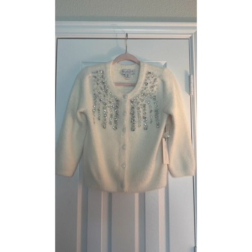 Rachel Zoe Cream Crystal-Embellished Fuzzy Cardigan